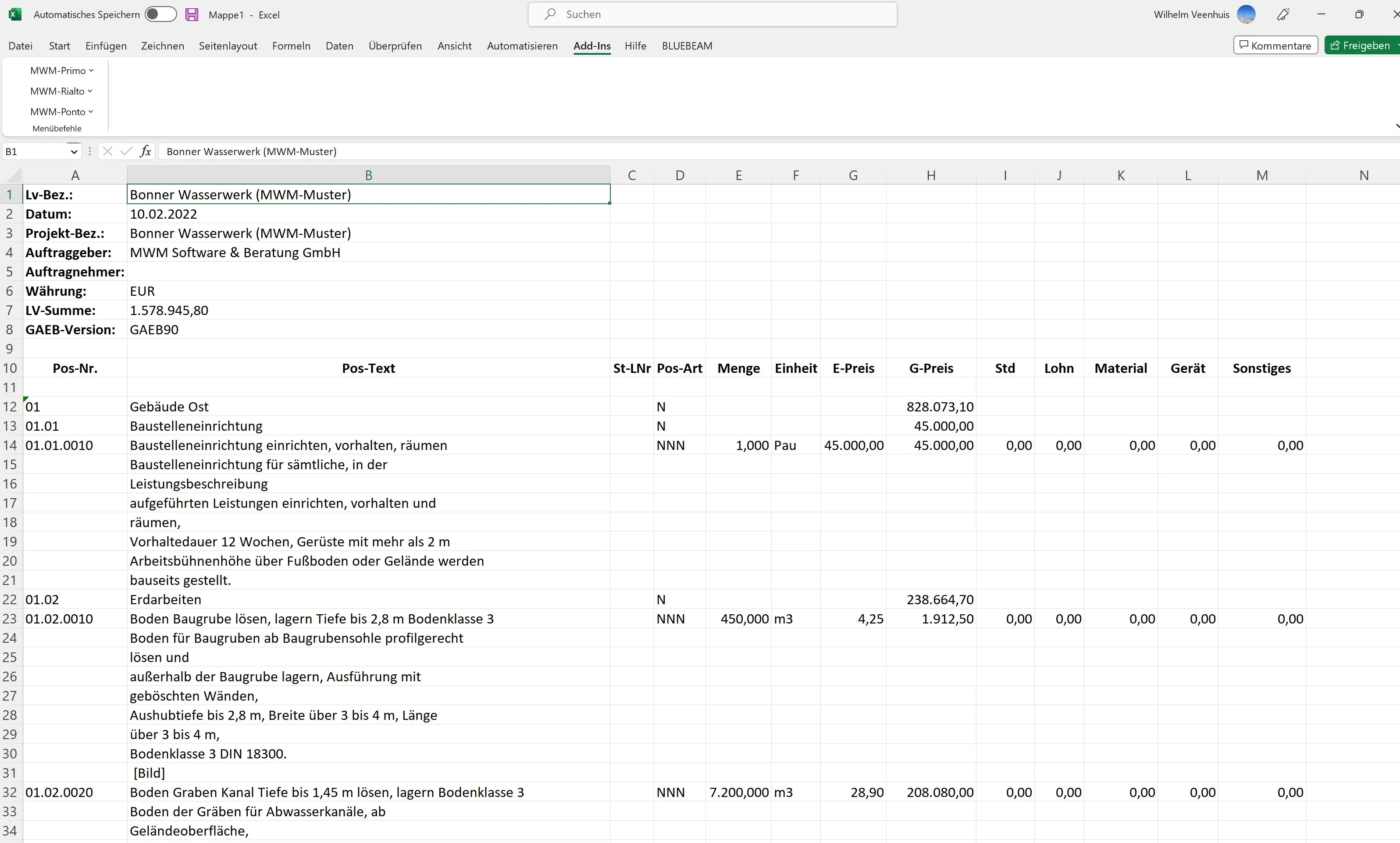 GAEB-Datei in Excel Die Daten einer GAEB-Datei (inkl. Preise und Teilpreise) in der Tabellenkalkulation MS-Excel