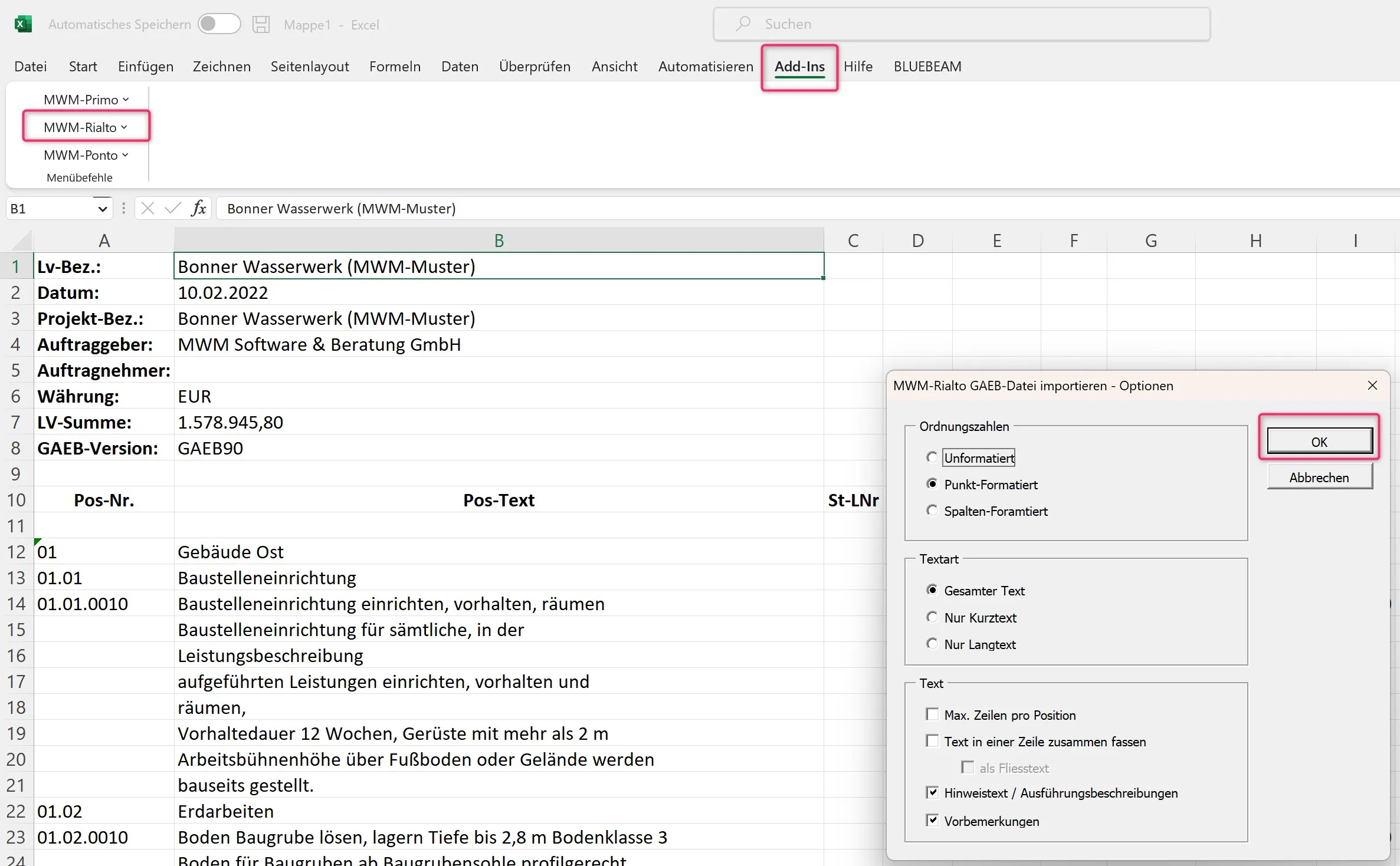 GAEB Aufruf von MWM-Rialto in Excel GAEB Aufruf der MWM-Rialto-Funktion direkt MS Excel